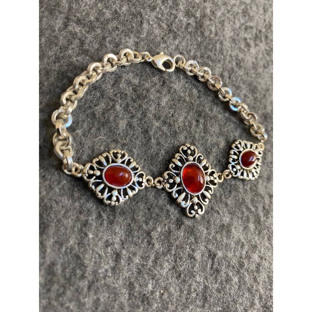 Vintage Silver Tone Red Carnelian Cabochon Filigree Link Bracelet 8 Inch